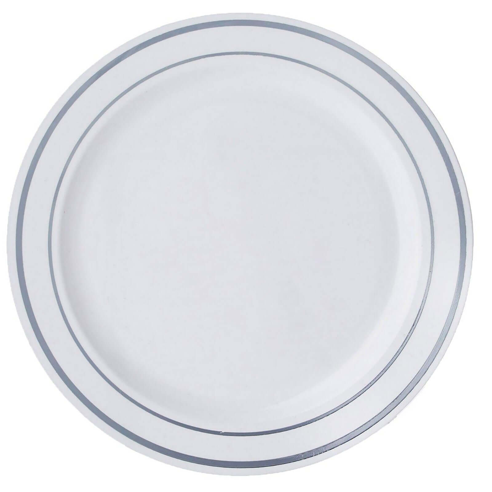 10-Pack Plastic Dessert Plates White with TrÃ¨s Chic Silver Rim - Disposable Plates for Appetizers 6"