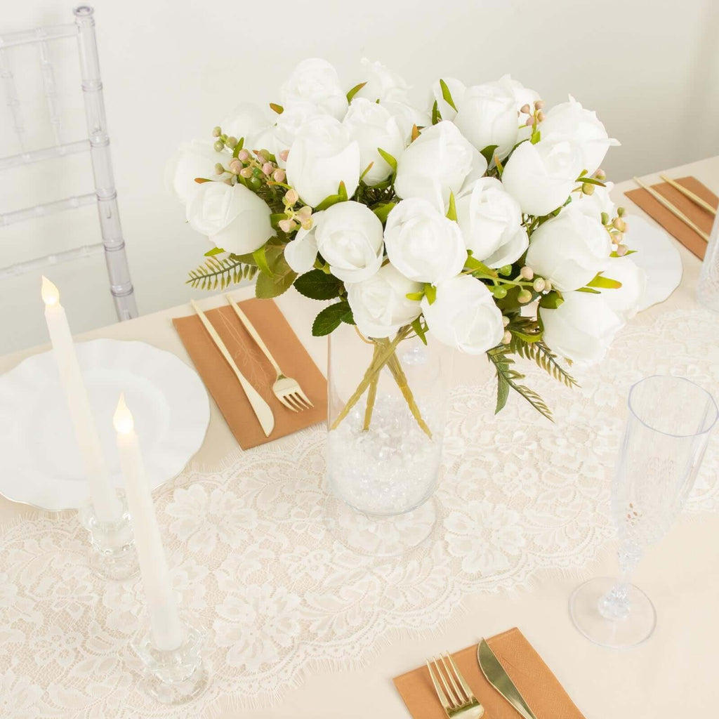 3 Pack 13" White Real Touch Silk Rose Bud Flower Bridal Bouquets, Artificial Floral Bush Arrangements