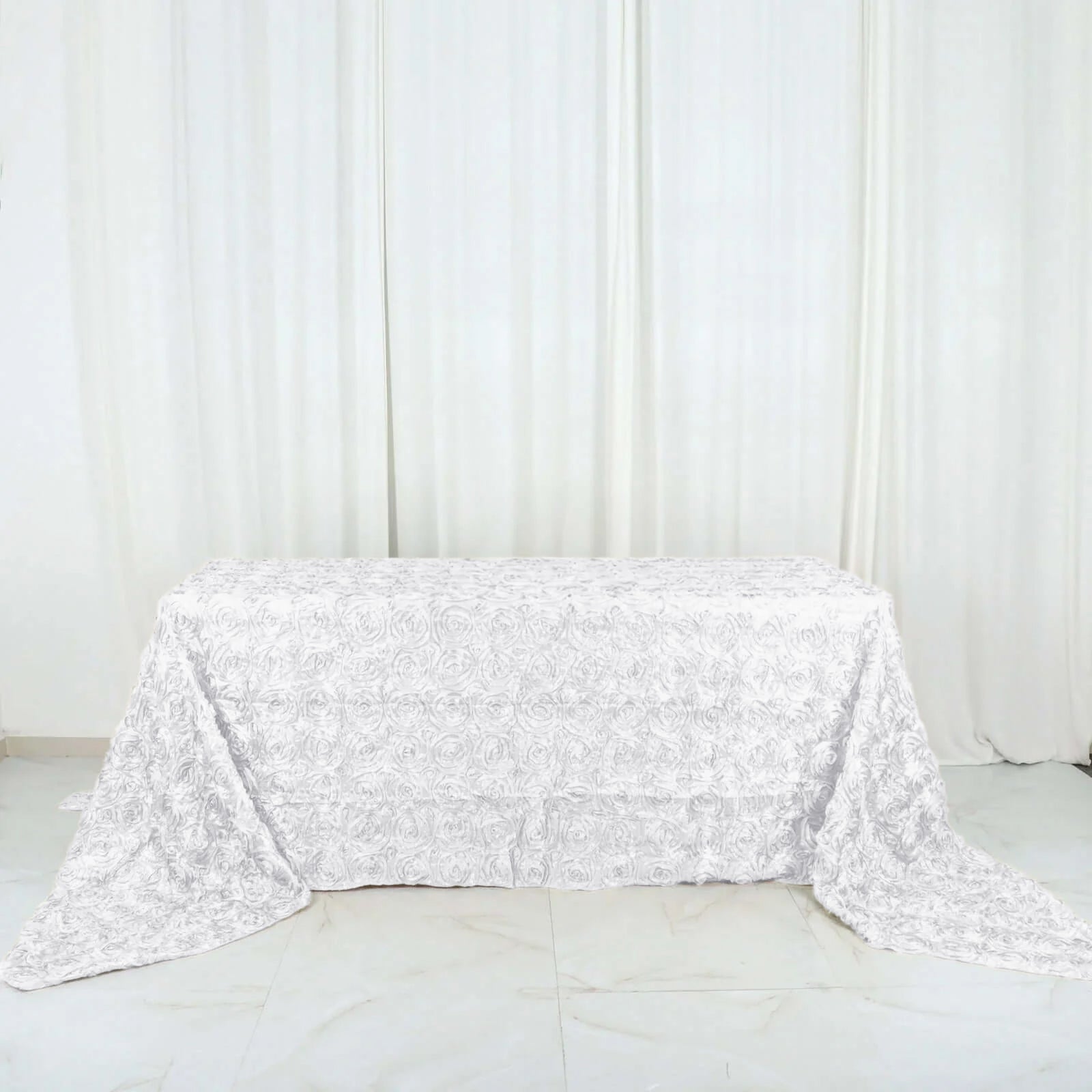 Satin 90"x156" Rectangle Tablecloth White - Grandiose 3D Rosette Design with Seamless Finish for Sophisticated Celebrations