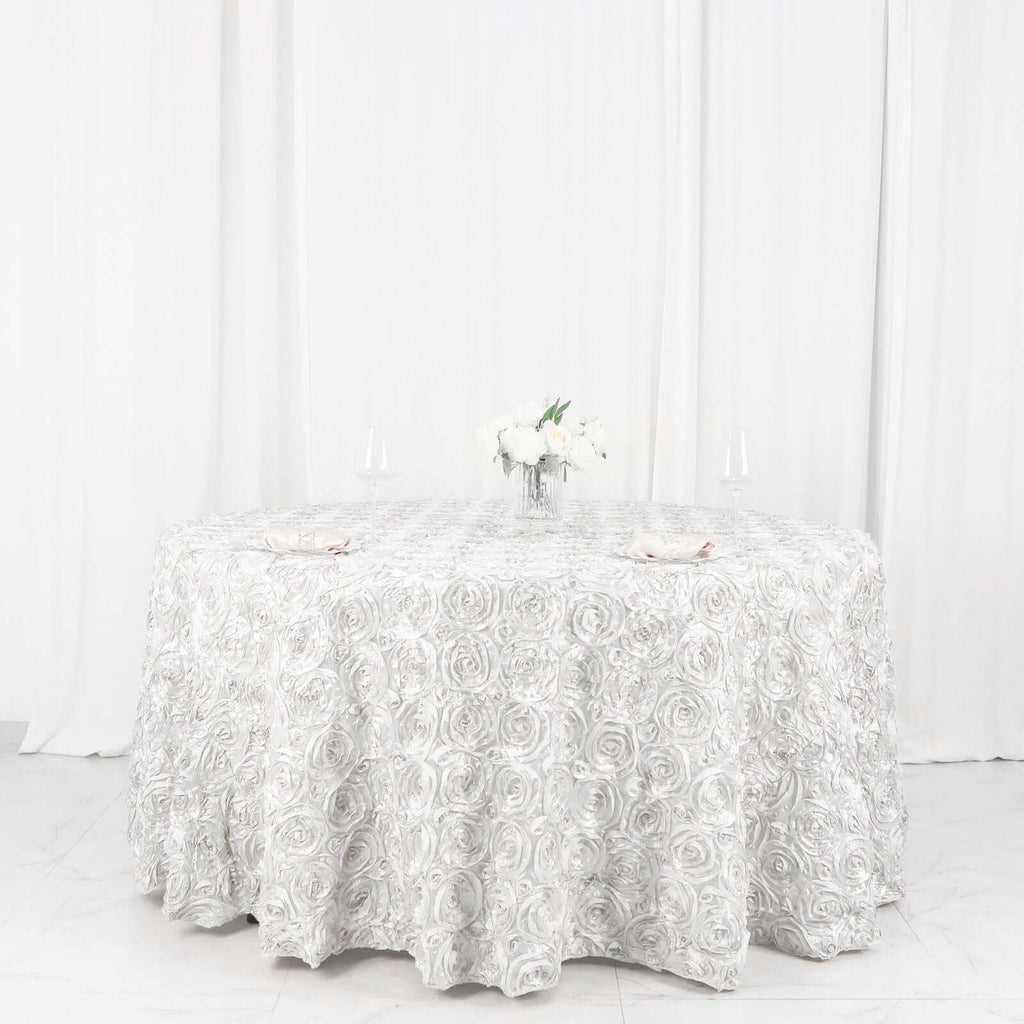 Satin 120" Round Tablecloth White - Grandiose 3D Rosette Design with Seamless Finish for Luxe Events