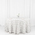 Satin 120" Round Tablecloth White - Grandiose 3D Rosette Design with Seamless Finish for Luxe Events