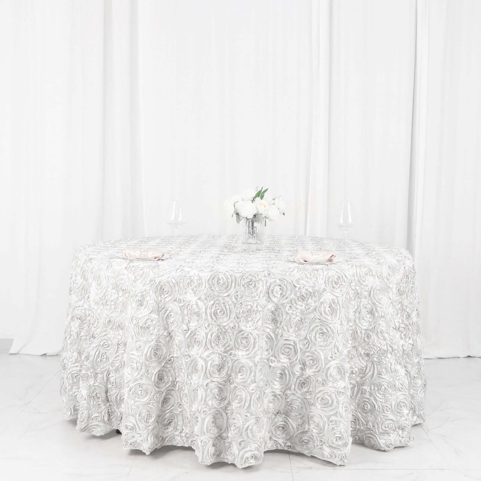 Satin 120" Round Tablecloth White - Grandiose 3D Rosette Design with Seamless Finish for Luxe Events