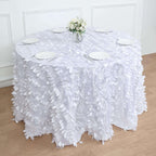 Taffeta 132" Round Tablecloth White 3D Leaf Petal Design Seamless Table Cover for Chic Wedding & Event Decor