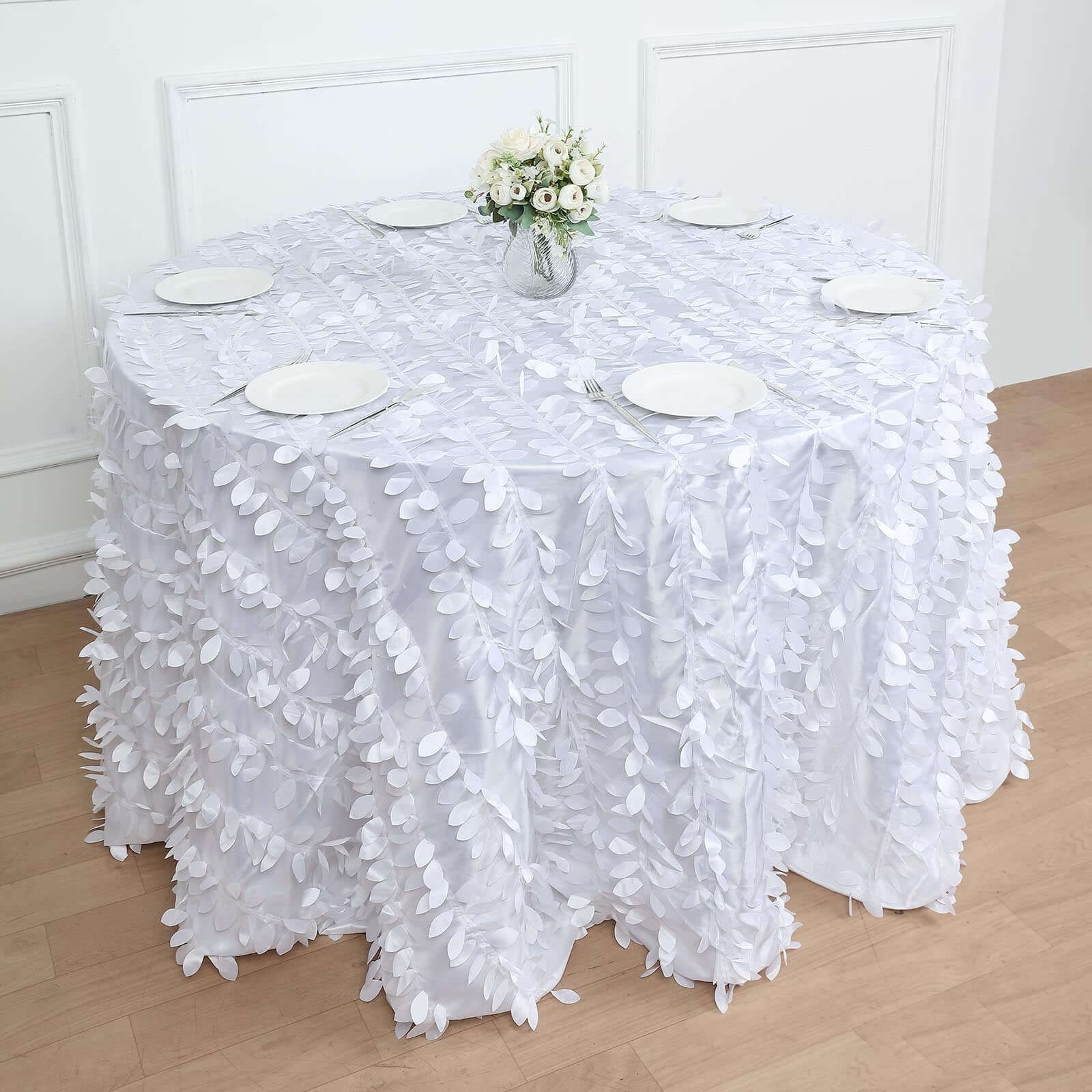Taffeta 120" Round Tablecloth White | 3D Leaf Petal Design Seamless Table Cover for Chic Wedding & Event Decor