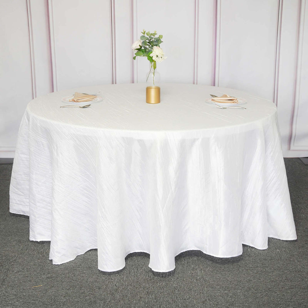Taffeta 120" Round Tablecloth White - Seamless Accordion Crinkle Design for Stylish Occasions