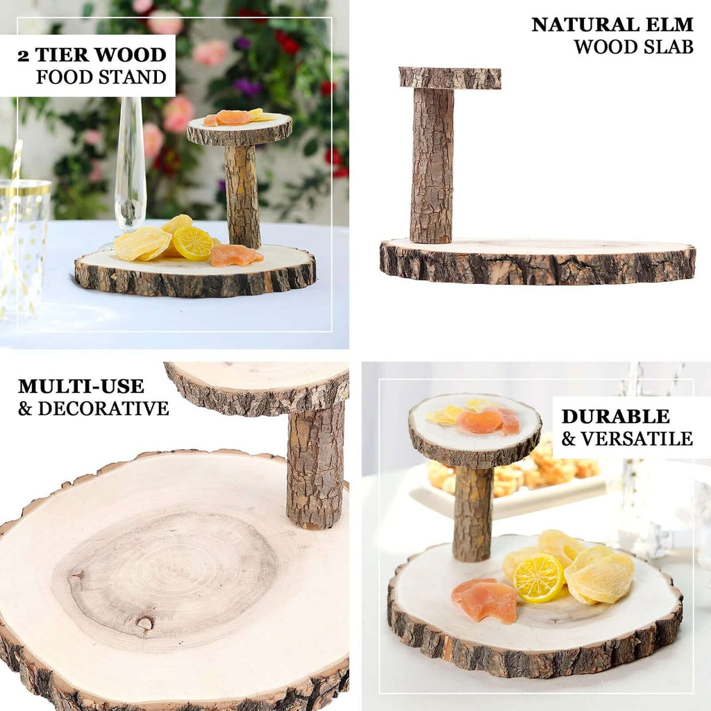 2-Tier Wooden Cheese Board Stand Elm Wood Slice Design Natural - Rustic Cupcake Centerpiece 8"