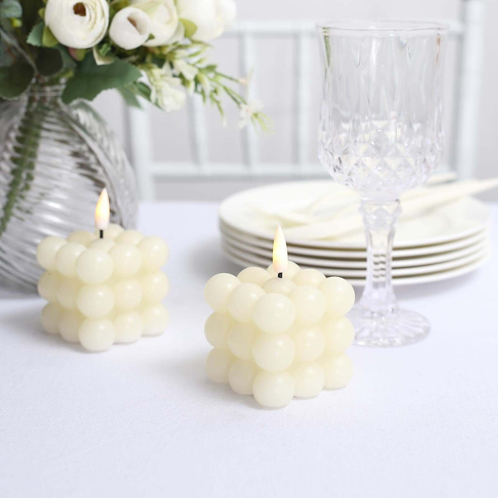 2-Pack LED Flameless Cube Candles Flickering Warm White Ivory - Battery Operated Bubble Design 2"