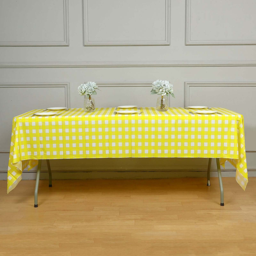 Plastic Table Cover White/Yellow Checkered Rectangle - Lightweight PVC Disposable Tablecloth 54"x108"