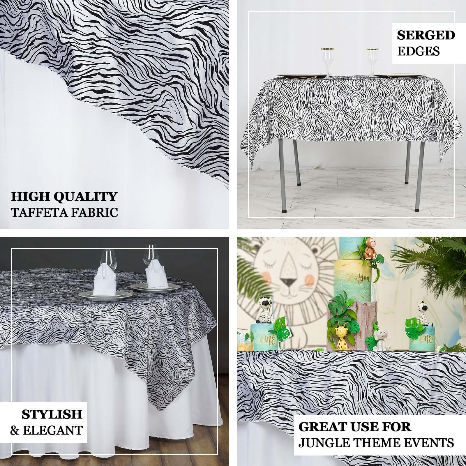 Taffeta 72"x72" Table Overlay Black and White -Tiger Print Design for Jungle Theme Parties