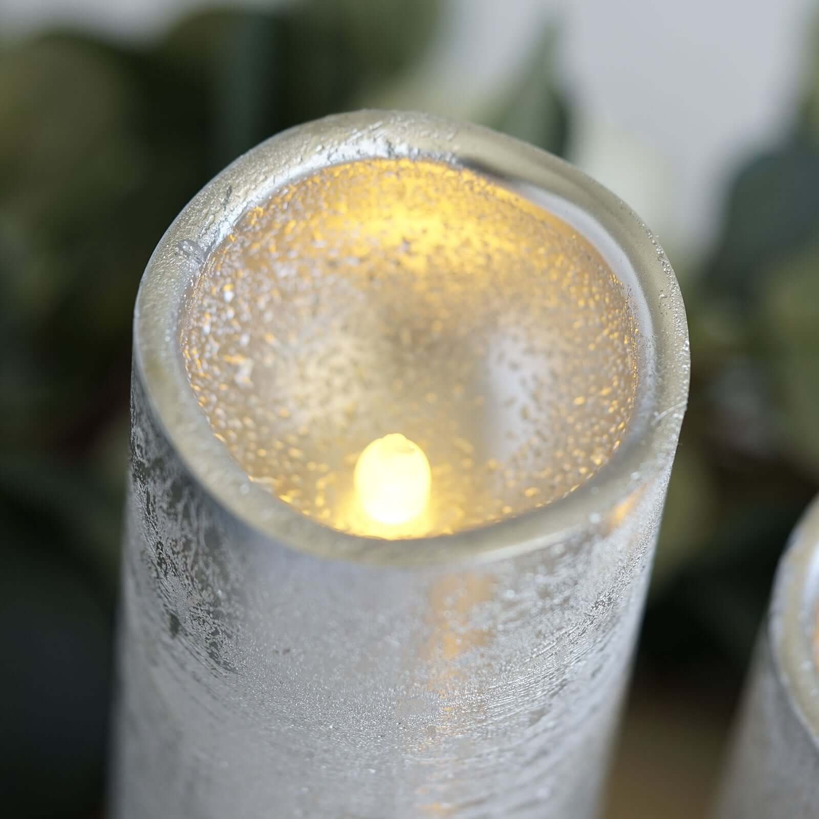 Set of 3 LED Flameless Pillar Candles Remote Operated Metallic Silver - Battery Powered 4", 6", 8"