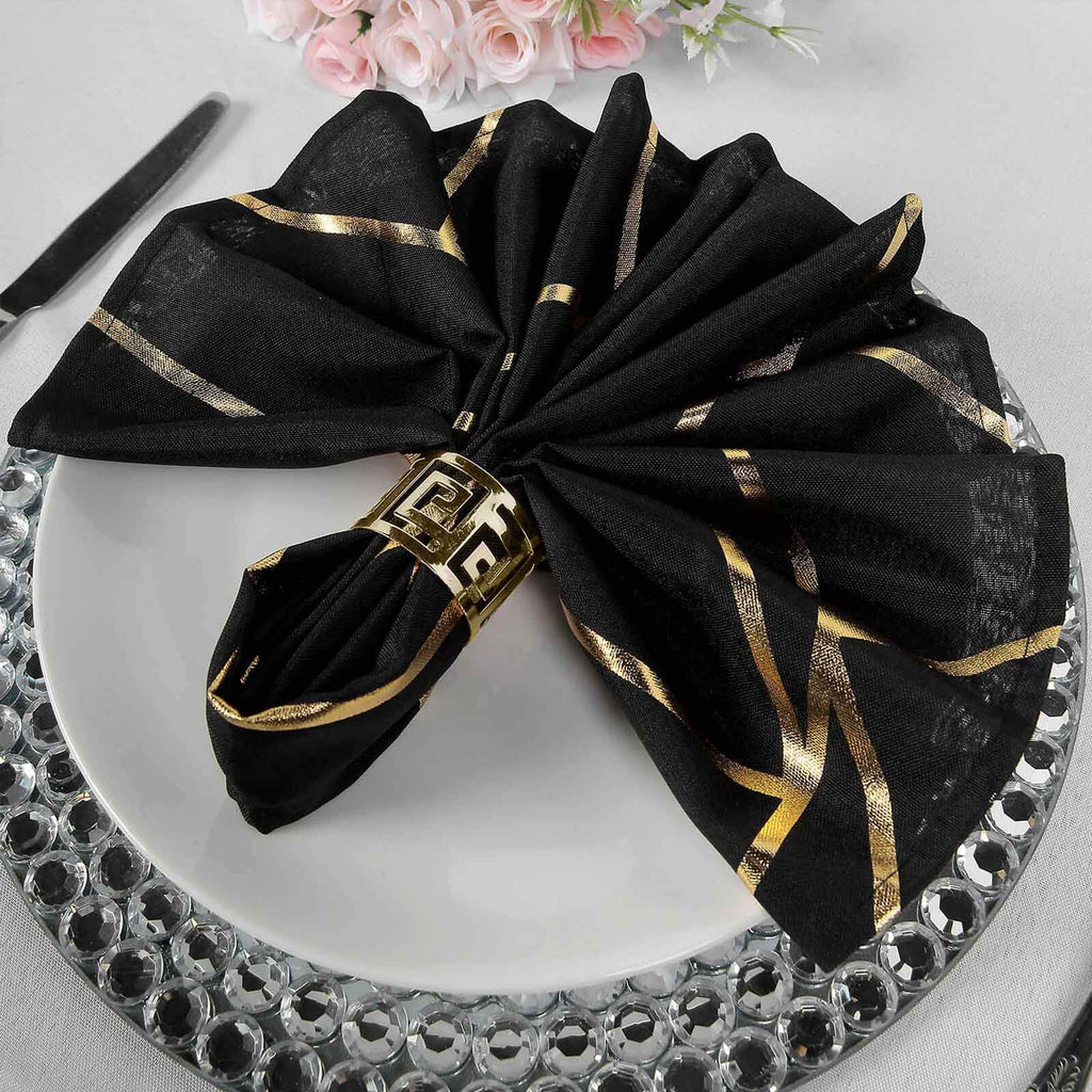 5 Pack Polyester 20"x20" Napkins Black with Gold Geometric Foil Pattern - Modern Reusable Dinner Napkins