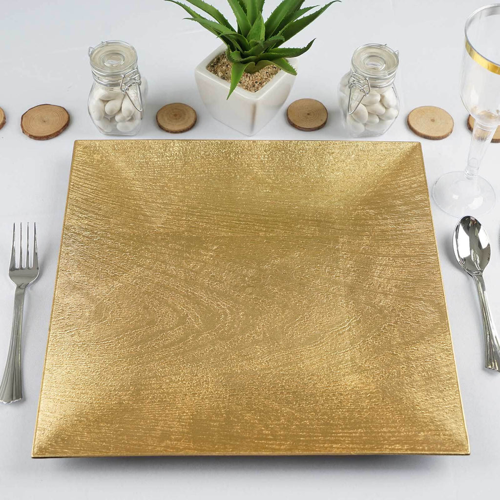 6-Pack Acrylic Square Charger Plates 12" in Gold with Embossed Wood Grain, Boho Chic Dinner Party Decor Charger Tableware