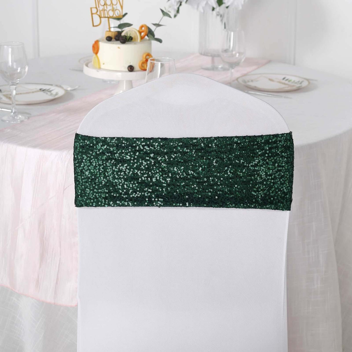 5 Pack Sequin Spandex Chair Sashes Hunter Emerald Green - Stretch Chair Bands 6"x15"