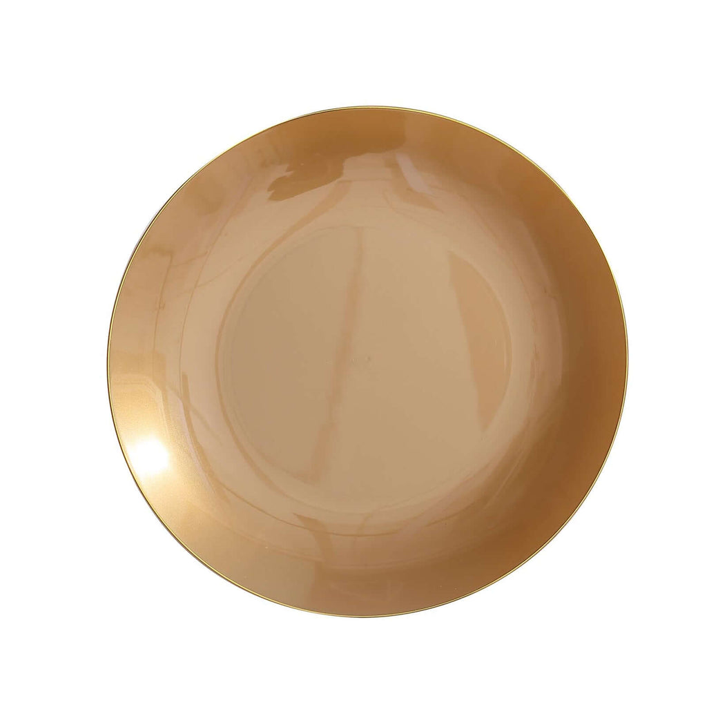 10-Pack Plastic 10" Round Dinner Plates in Gold with Gold Rim - Glossy Disposable Party Plates