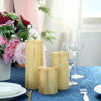 Set of 3 LED Flameless Pillar Candles Remote Operated Metallic Gold - Battery Powered 4", 6", 8"