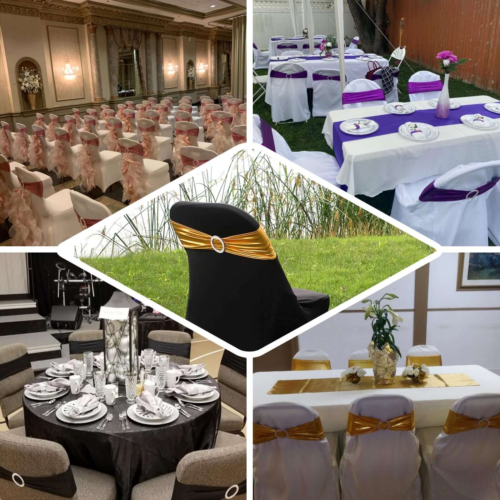 5 Pack Metallic Spandex Chair Sashes Purple - Stretch Fit Chair Bands With Round Diamond Buckles