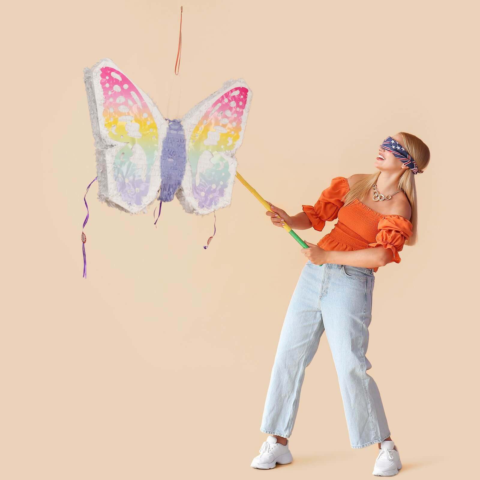 Expandable White Lilac Paper Butterfly Pinata Hanging Decor with Pastel Colored Wings, Fairy Themed Birthday Party Pinata - 23"x19" - Bell Racket Store