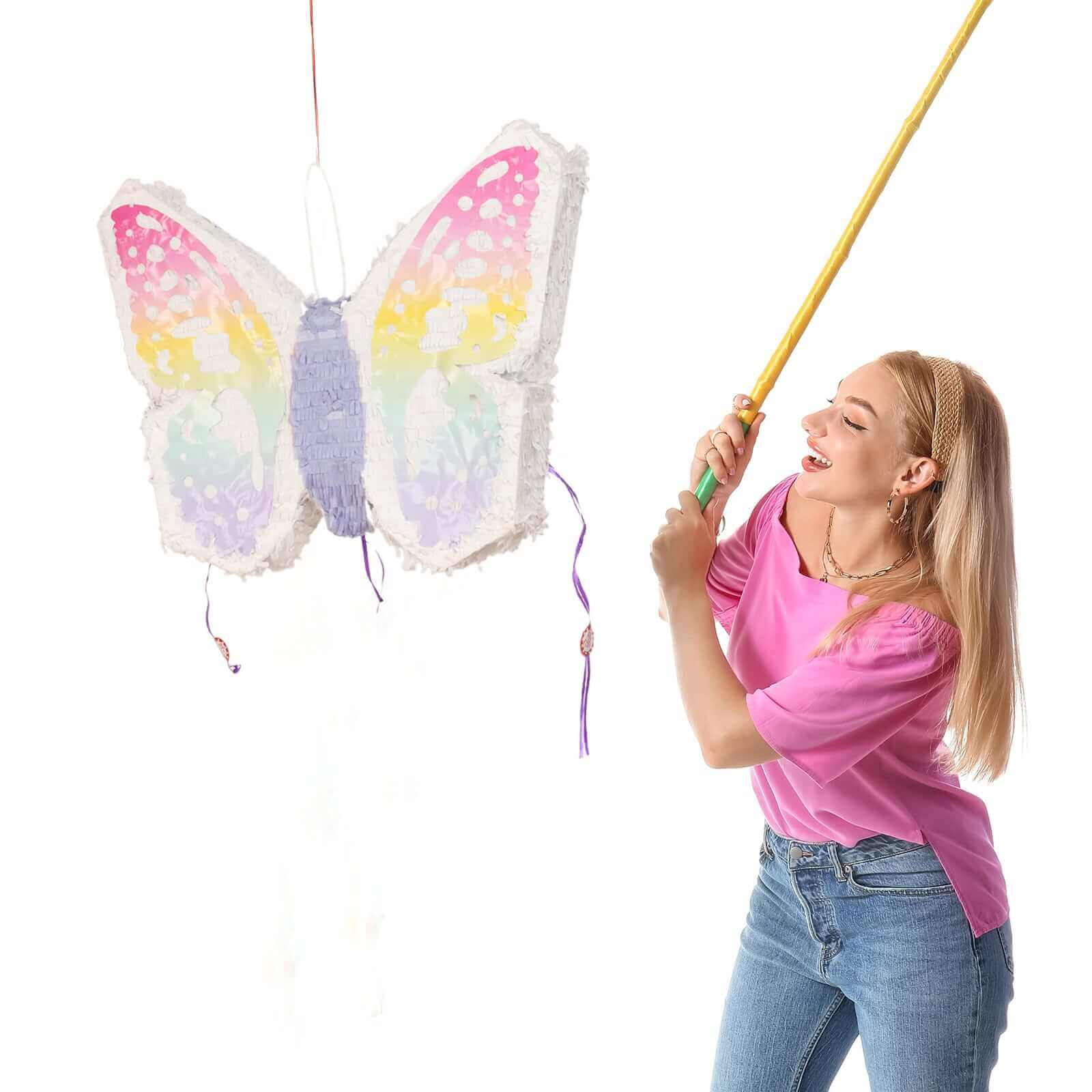 Expandable White Lilac Paper Butterfly Pinata Hanging Decor with Pastel Colored Wings, Fairy Themed Birthday Party Pinata - 23"x19" - Bell Racket Store