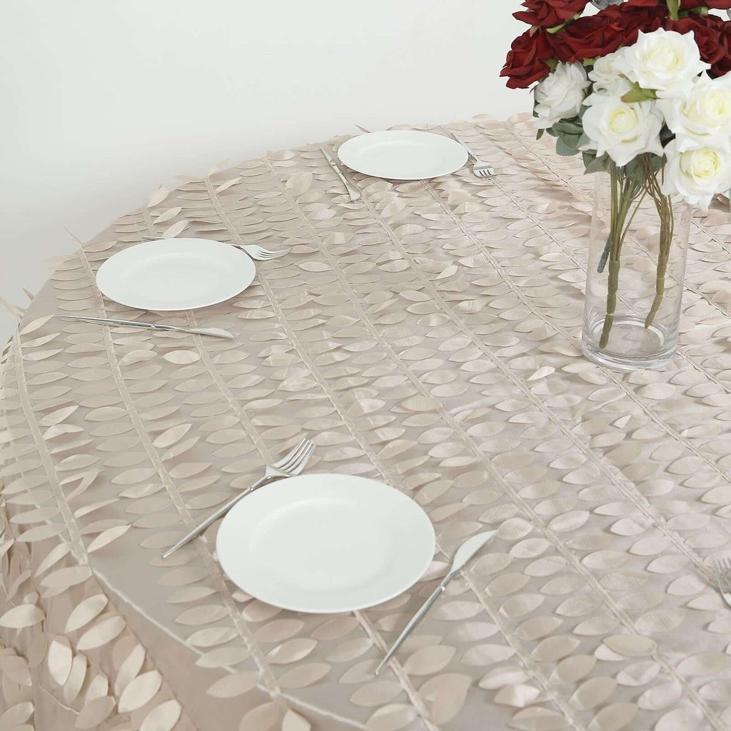 Taffeta 120" Round Tablecloth Beige | 3D Leaf Petal Design Seamless Table Cover for Chic Wedding & Event Decor