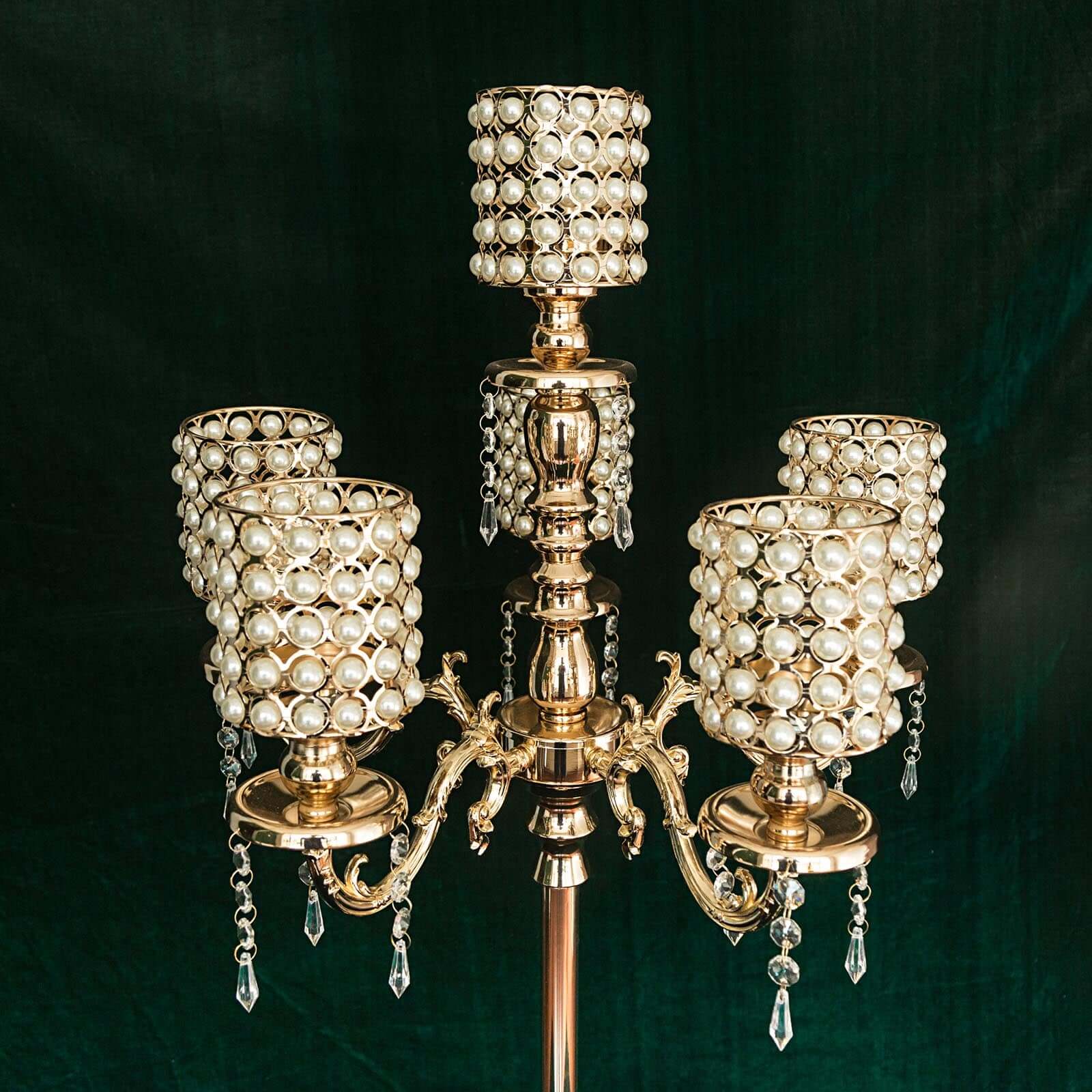 Metal Pearl Beaded Candelabra in Gold 6-Arm - Stylish Table Centerpiece with Crystal Chandelier Pendants
