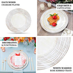 6-Pack Faux Wood Round Charger Plates 13" White Washed with Rose Embossed Rim, Disposable Plastic Charger Tableware
