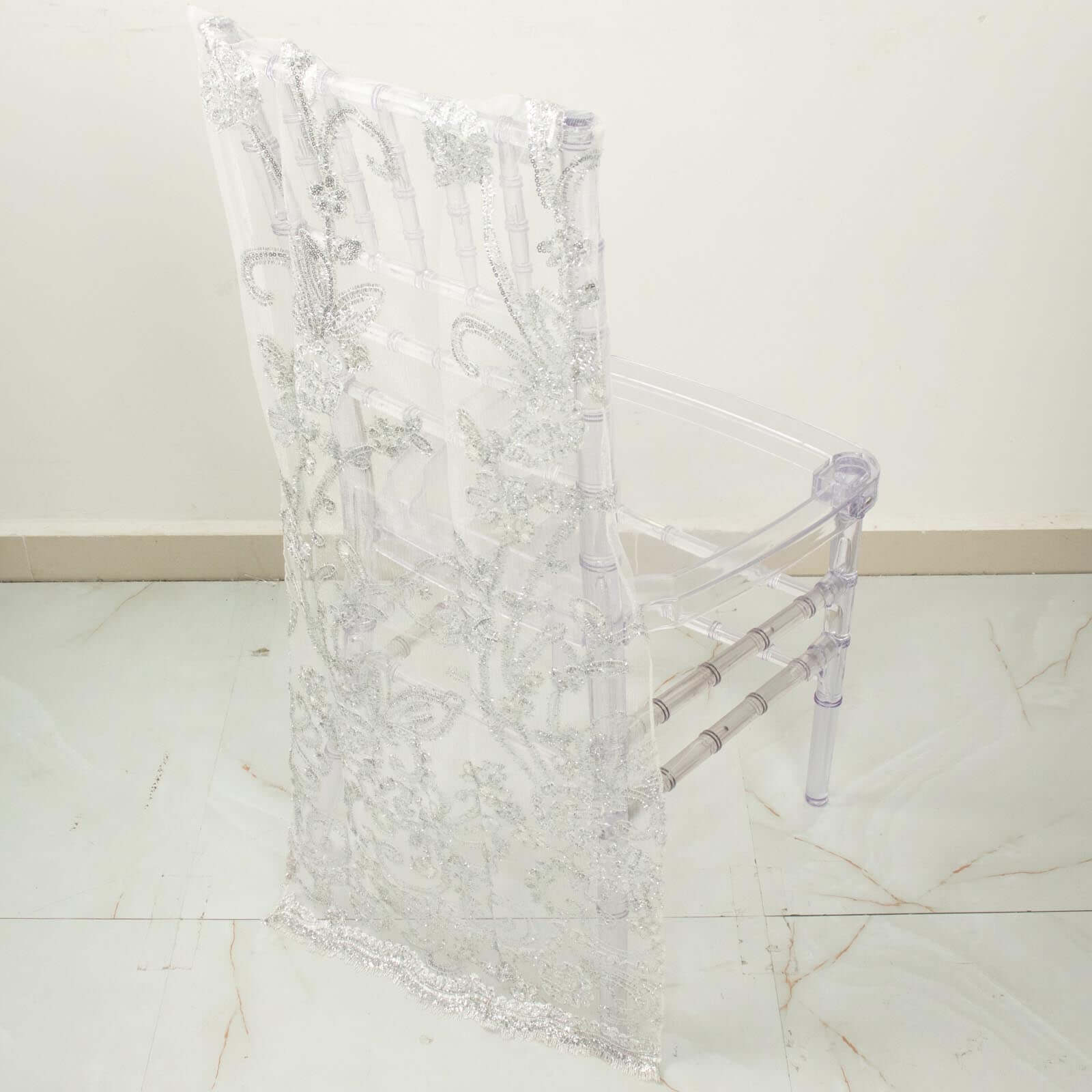 Organza Chiavari Chair Slipcover with Floral Sequin Embroidery White - Stylish Lace Chair Back Cover for Weddings
