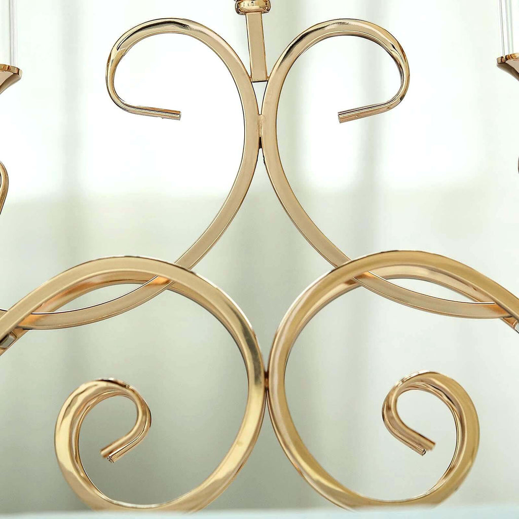 5-Arm Metal Table Candelabra Antique Gold Crown Top Design - Stylish Horizontal Table Centerpiece with Glass Votive Holders 18"