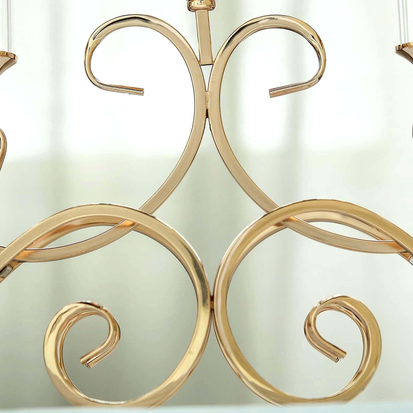 5-Arm Metal Table Candelabra Antique Gold Crown Top Design - Stylish Horizontal Table Centerpiece with Glass Votive Holders 18"