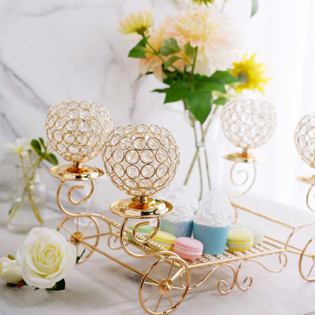 Candle Holder 4-Arm Gold Metal Crystal Cinderella Carriage Wedding Centerpiece - Decorative Display 18"