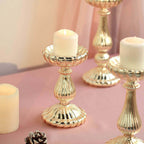 Set of 3 Candle Holder Stands Gold Mercury Glass Pillar Design - Stylish Votive Centerpieces for Tables & Decor 7", 8", 10"