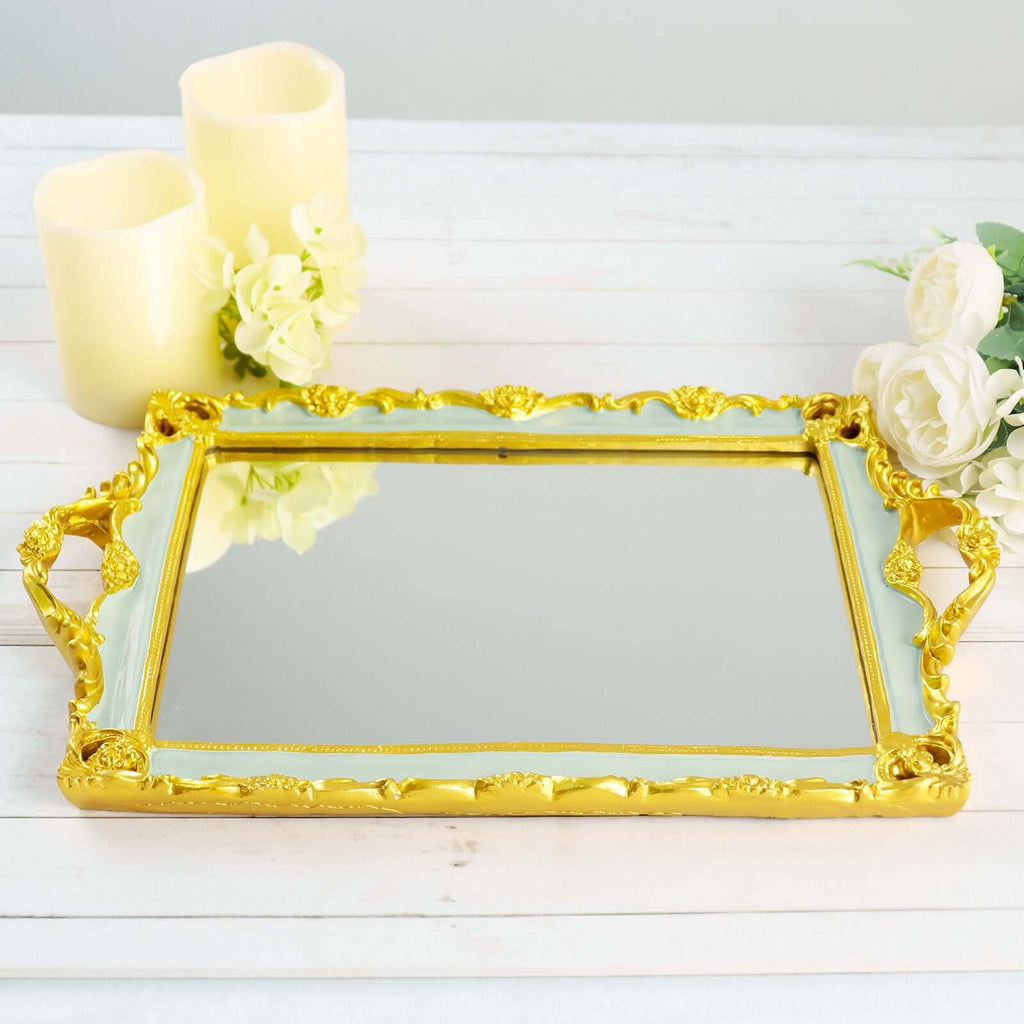 Resin Mirrored Rectangle Serving Tray 15"x10" in Mint Green with Gold Baroque Design, Stylish Decorative Vanity Tray Centerpiece