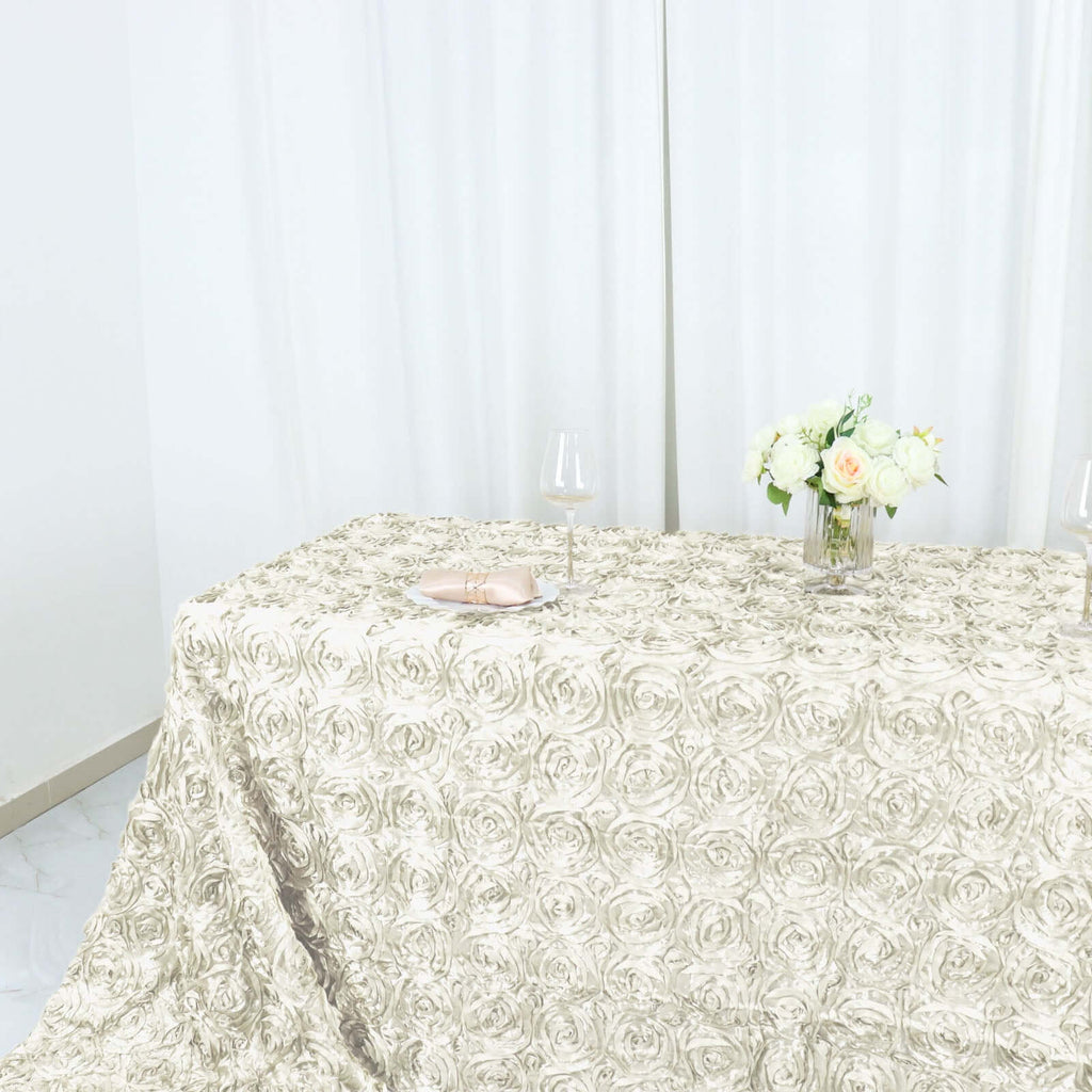 Satin 90"x156" Rectangle Tablecloth Ivory - Grandiose 3D Rosette Table Cover with Seamless Finish