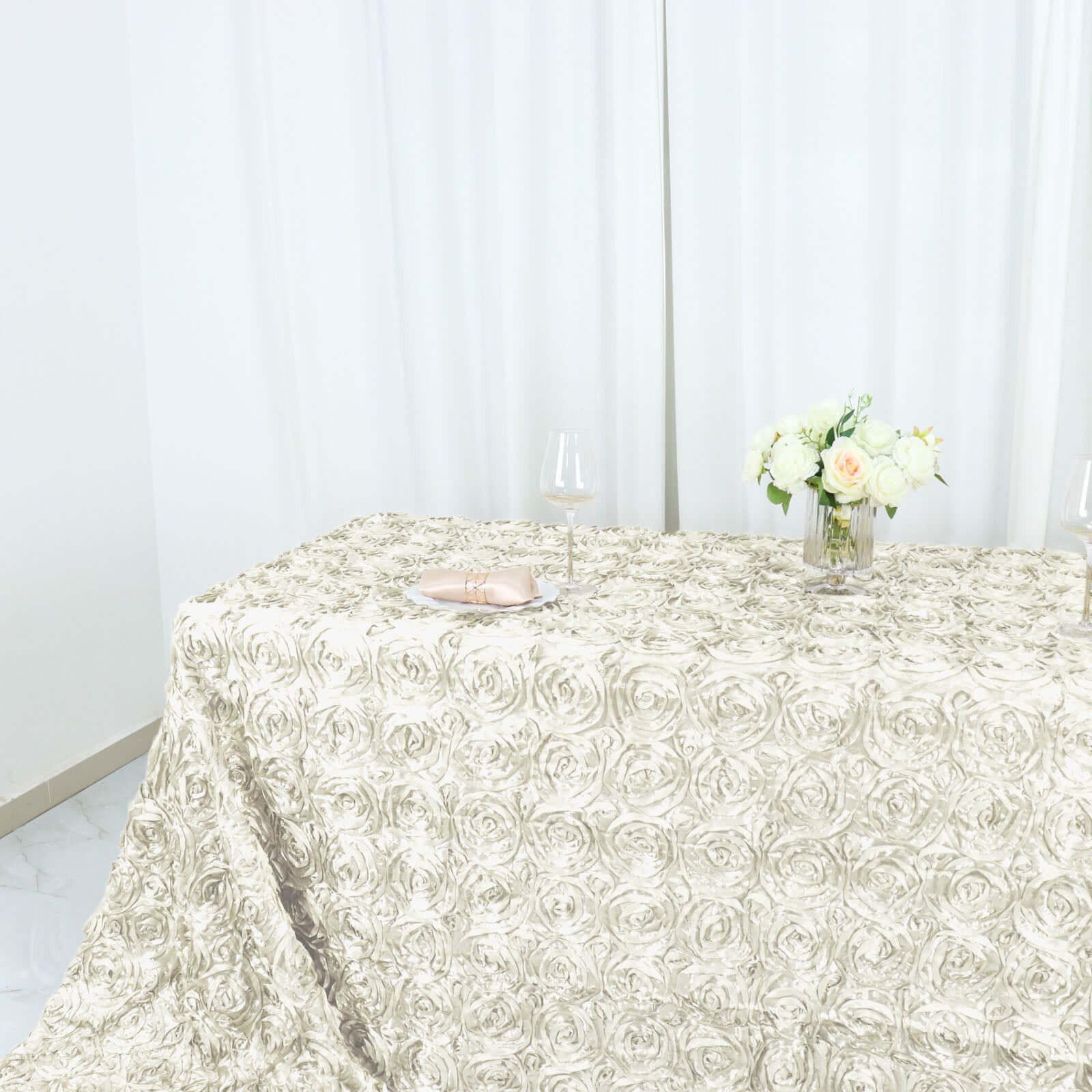 Satin 90"x156" Rectangle Tablecloth Ivory - Grandiose 3D Rosette Table Cover with Seamless Finish