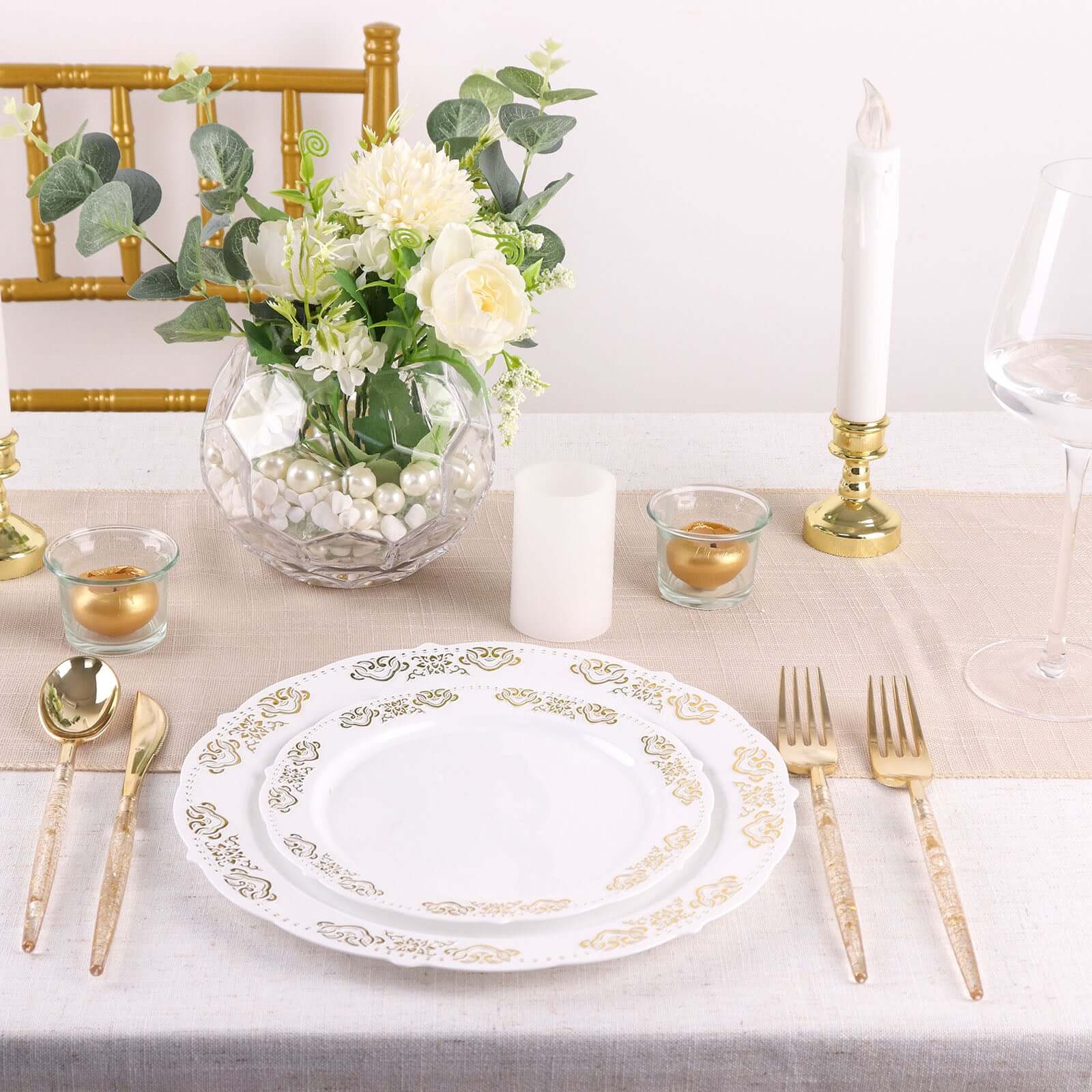 24-Pack Plastic Cutlery Set Metallic Gold with Gold Glitter - Stylish Disposable Silverware Pack 8"