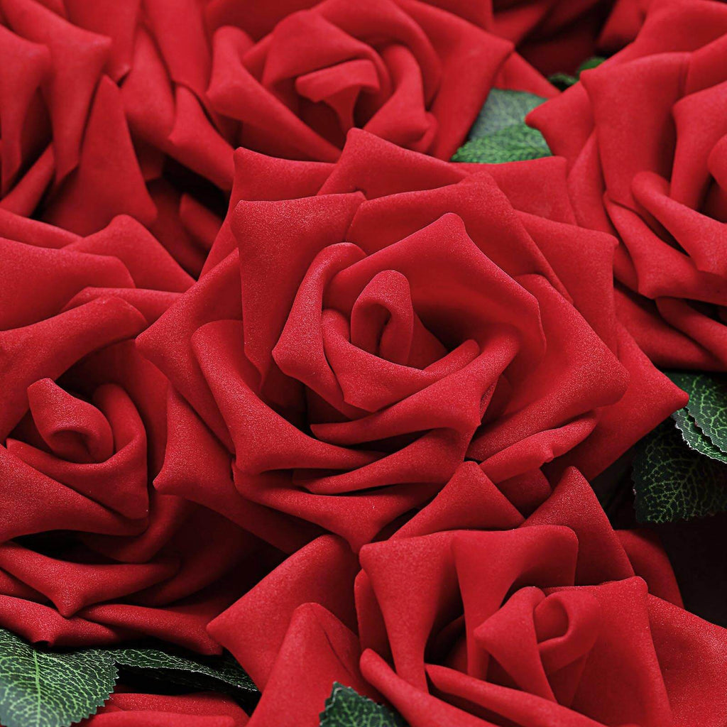 24 Roses 5" Red Artificial Foam Flowers With Stem Wire and Leaves