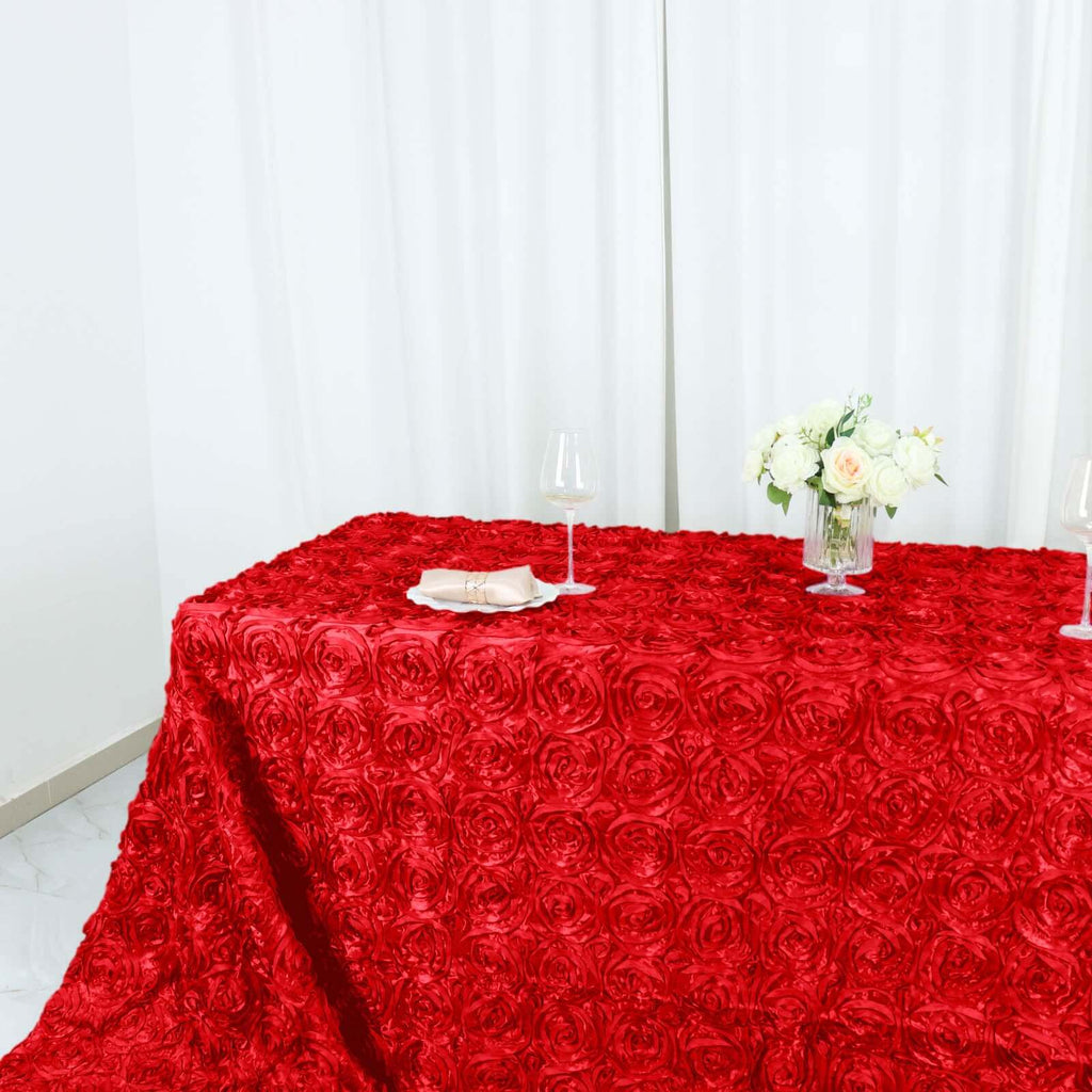 Satin 90"x156" Rectangle Tablecloth Red - Grandiose 3D Rosette Table Cover with Seamless Finish