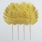 28 Pack Green And Gold Silk Tropical Monstera Palm Leaves, Assorted Artificial Jungle Theme Branches
