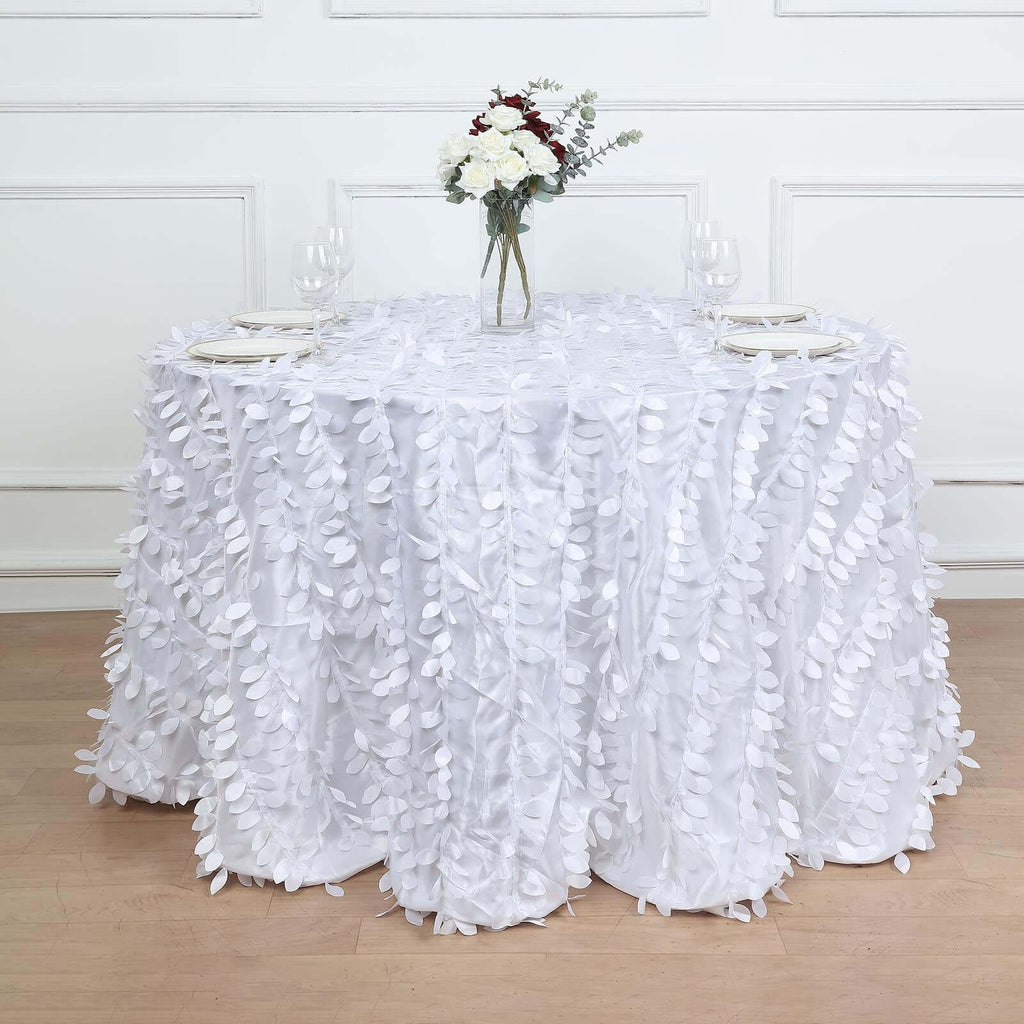 Taffeta 132" Round Tablecloth White 3D Leaf Petal Design Seamless Table Cover for Chic Wedding & Event Decor
