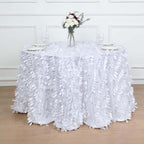 Taffeta 132" Round Tablecloth White 3D Leaf Petal Design Seamless Table Cover for Chic Wedding & Event Decor