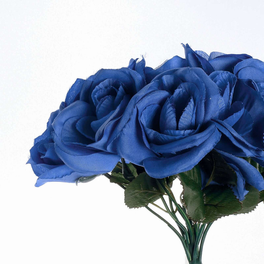 12" Royal Blue Artificial Velvet-Like Fabric Rose Flower Bouquet Bush