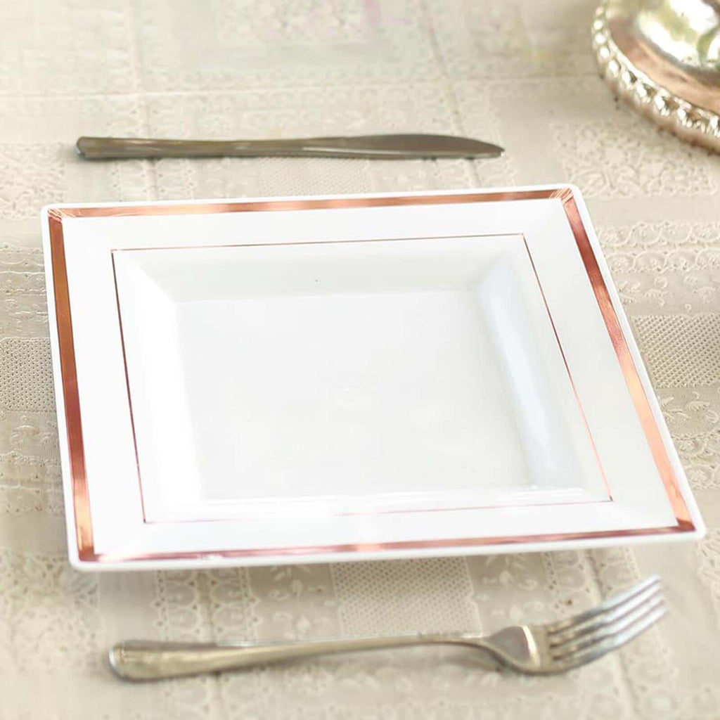 10-Pack Plastic Dinner Plates White Square with Rose Gold Trim - Lightweight Disposable Plates for Events 10"