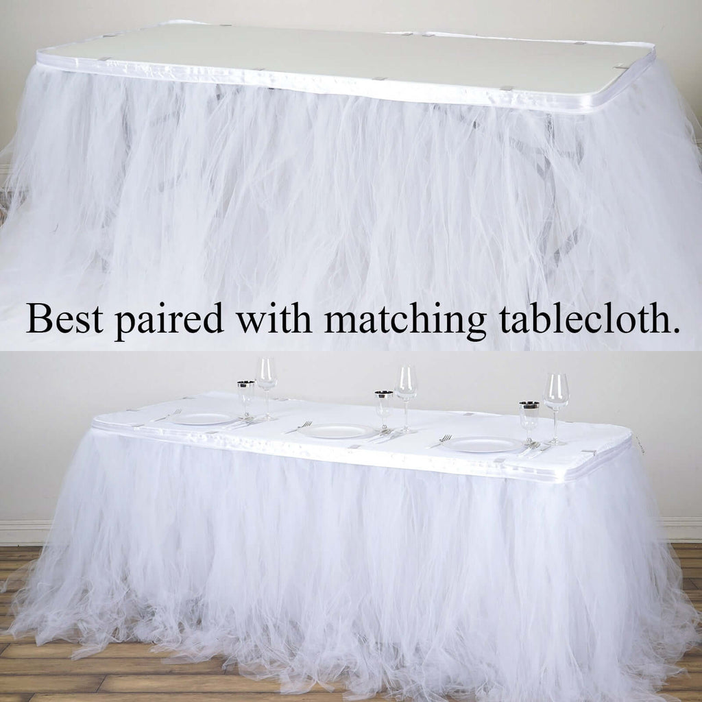 Tulle 21ft Table Skirt White - 4 Layer Pleated Tutu Chic & Soft Event Table Cover