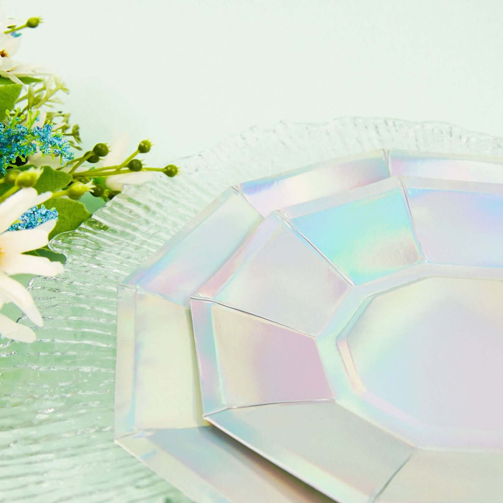 25-Pack Paper 7.5" Decagon Dessert Plates in Iridescent - Disposable Holographic Salad Plates for Starry Night & Fairytale Parties