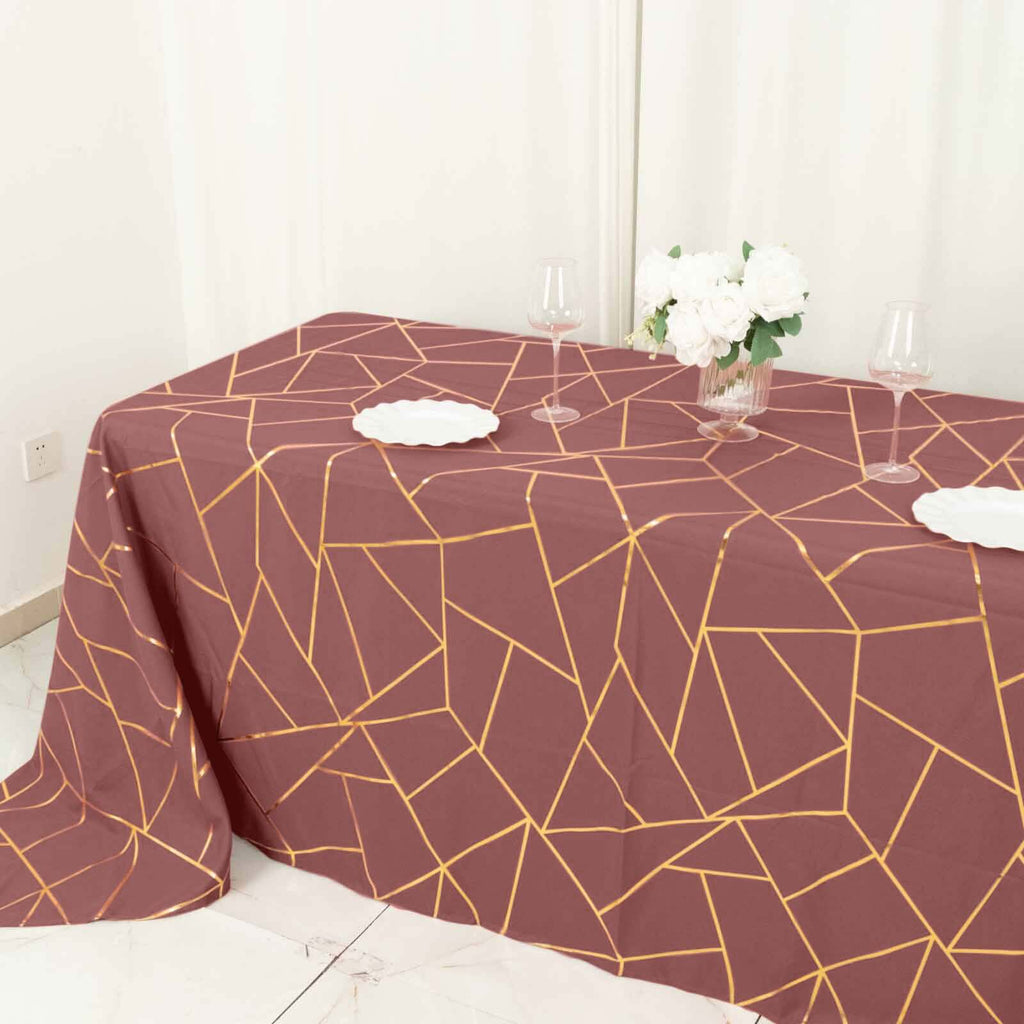 Polyester 60"x132" Rectangle Tablecloth Cinnamon Rose with Gold Foil Geometric Pattern - Wrinkle-Resistant and Durable Table Cover for Weddings & Events