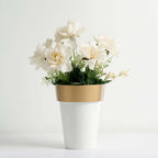 2-Pack Flower Plant Pots Medium Design White with Gold Rim - Plastic Indoor Decorative Planters 6"