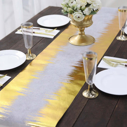 Disposable Table Runner Roll 108" Metallic Gold Foil Icicle Pattern - Stylish Non-Woven Table Decor for Special Occasions