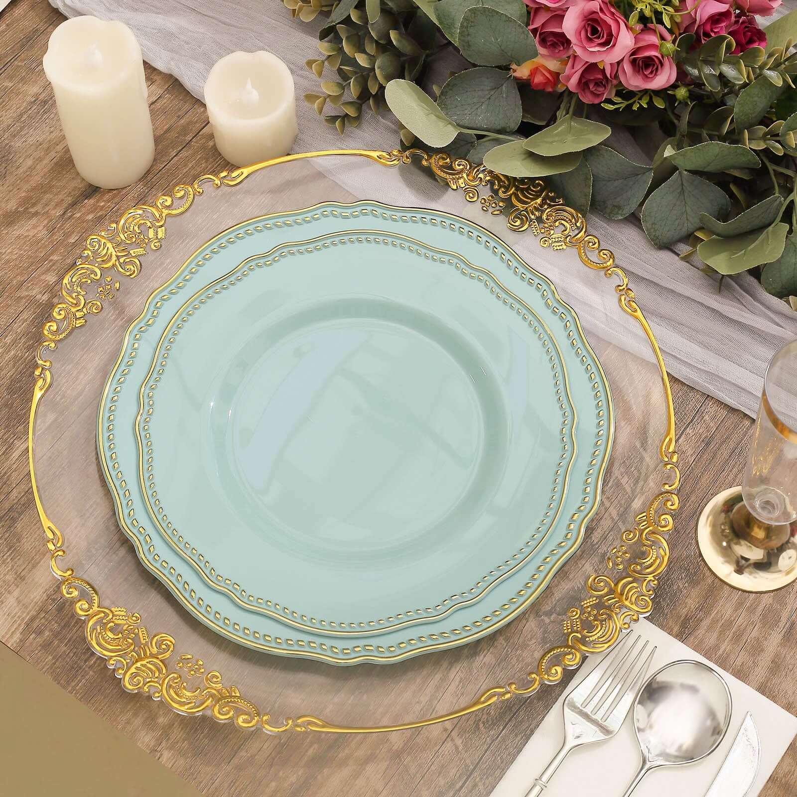 10-Pack Plastic Dinner Plates in Jade with Gold Scalloped Rim - Disposable Party Plates 9"