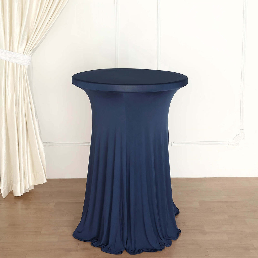 Spandex 30" Round Cocktail Table Cover Skirt Navy Blue With Natural Wavy Drapes