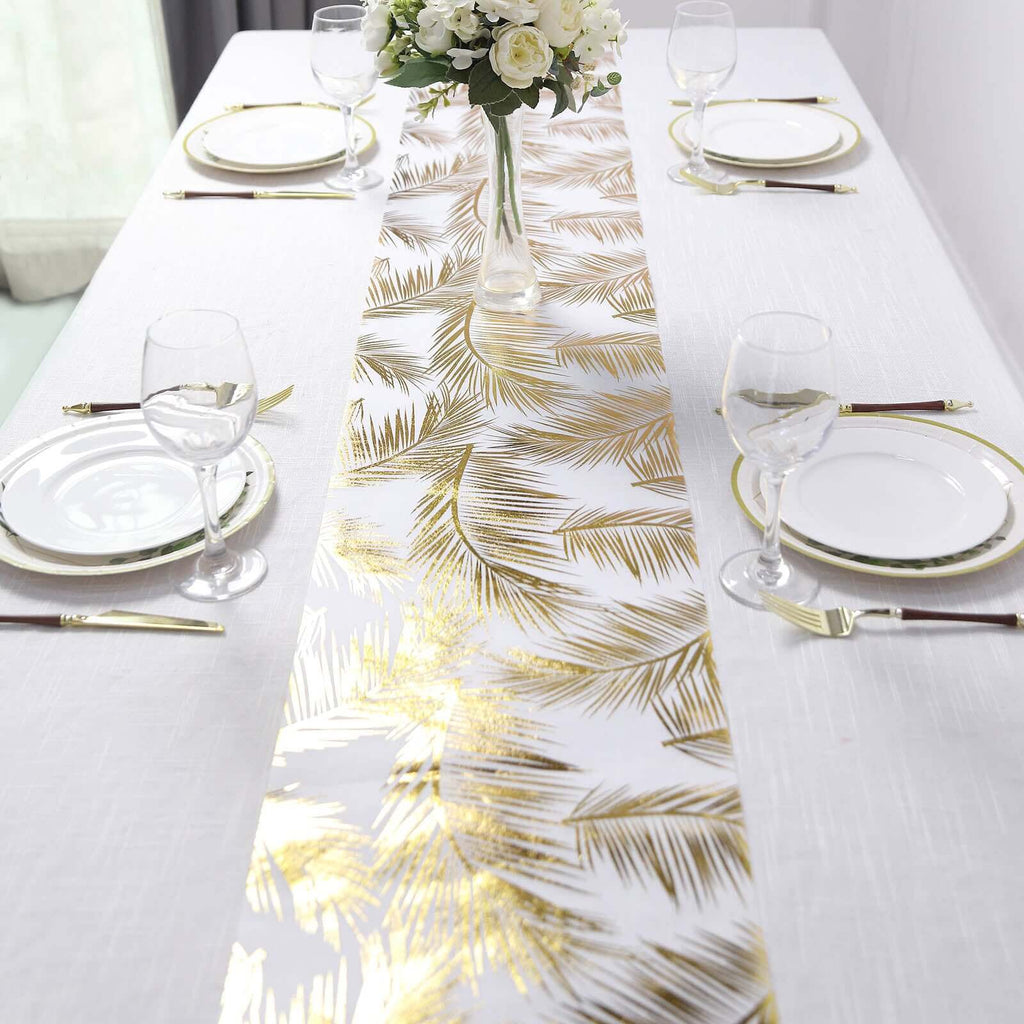 Disposable Table Runner Roll 108" Metallic Gold Foil Palm Leaves Print - Chic Non-Woven Tropical Table Decor for Events