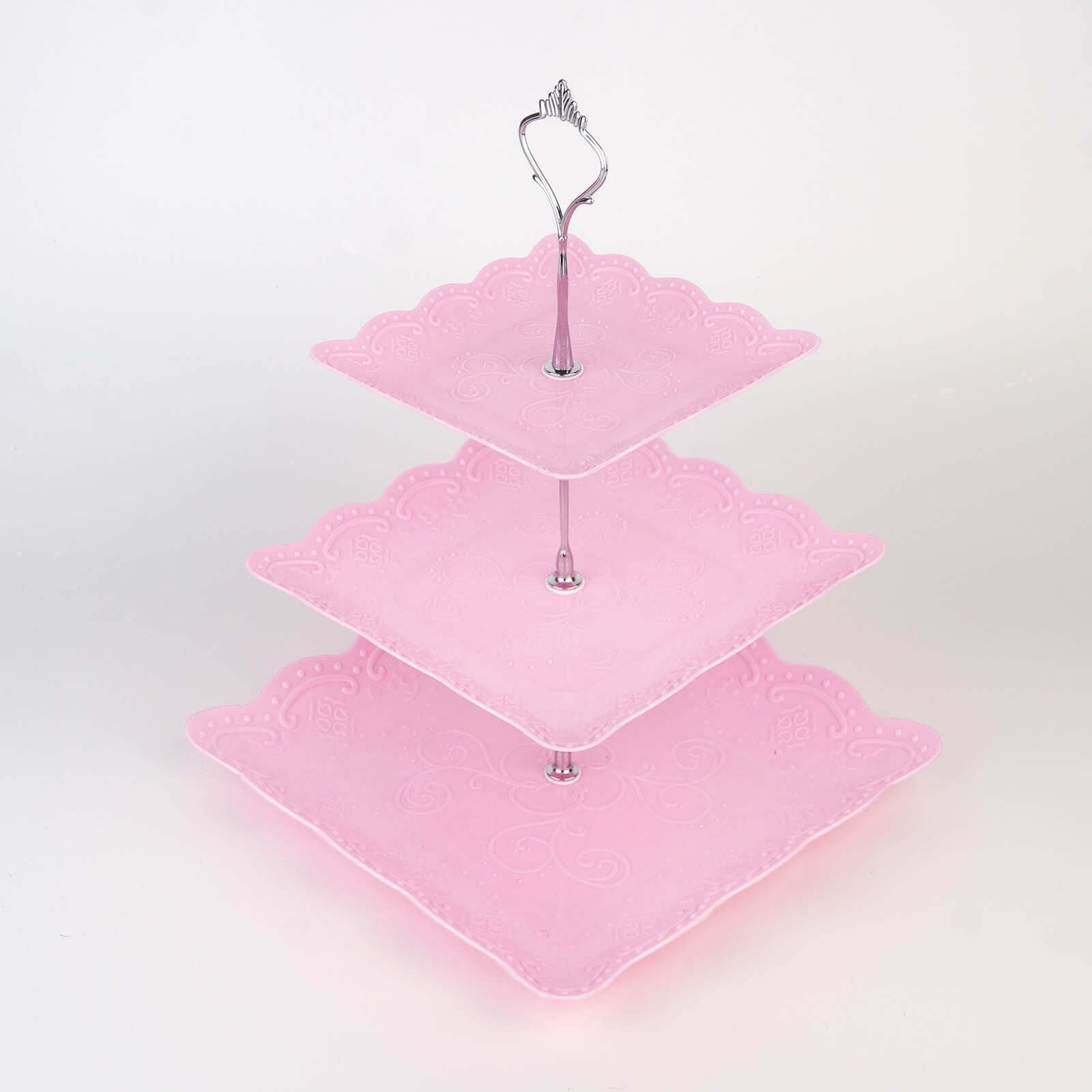 3-Tier Plastic Square Cupcake Stand Tower Pink - Charming Easy to Assemble Dessert Display Serving Tray Platter with Floral Embossed Scalloped Rim & Silver Handle for Tea Parties Weddings & Special Occasions 13"